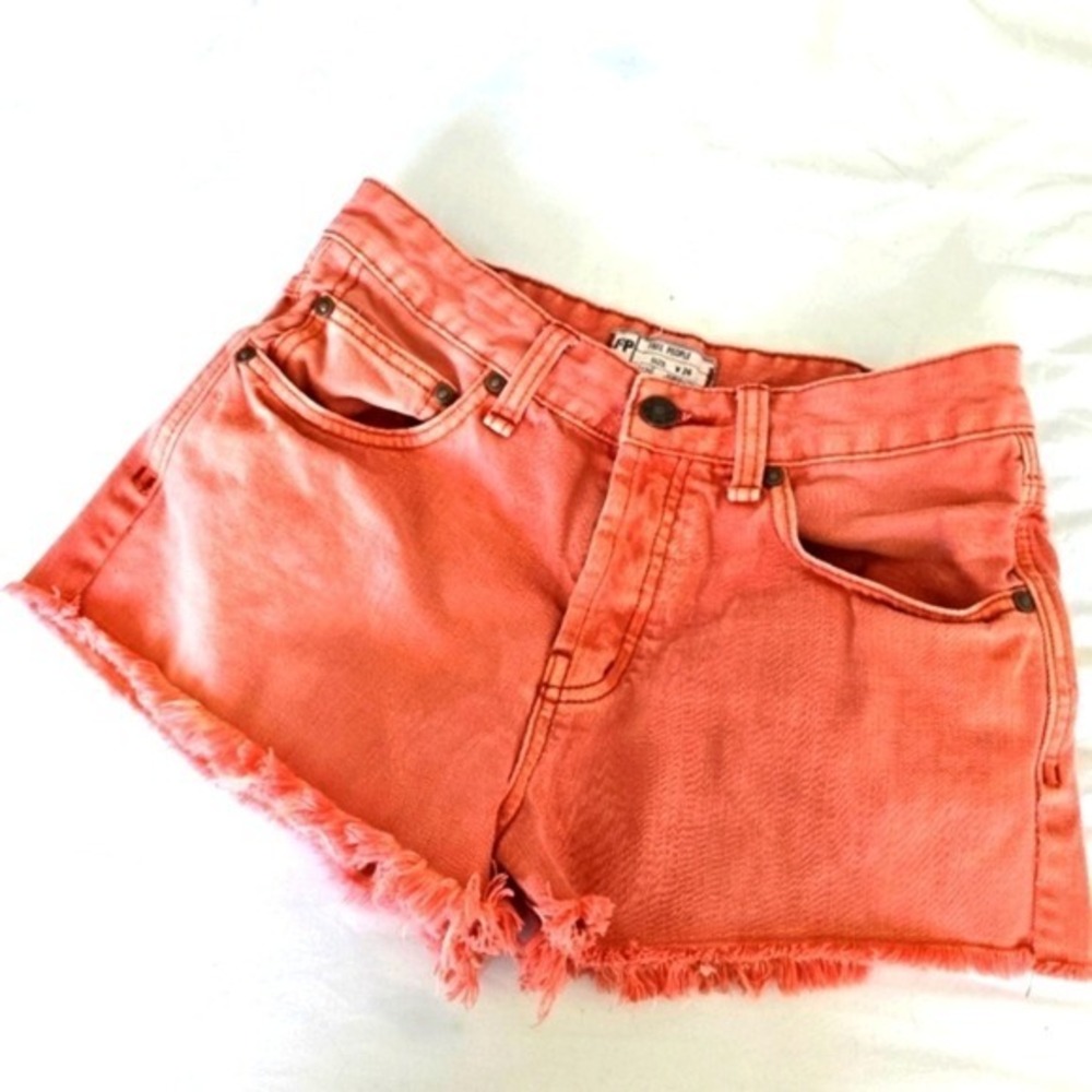 Free People Coral Orange Denim Cut Off Shorts Raw Hem W26 61855-16515125